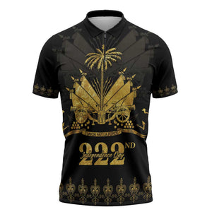 Ayiti 222nd Independence Day Anniversary Zipper Polo Shirt Haiti Gold VeVe Pattern - African Pride