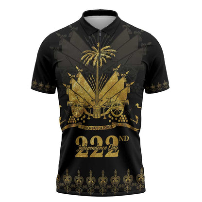 Ayiti 222nd Independence Day Anniversary Zipper Polo Shirt Haiti Gold VeVe Pattern - African Pride