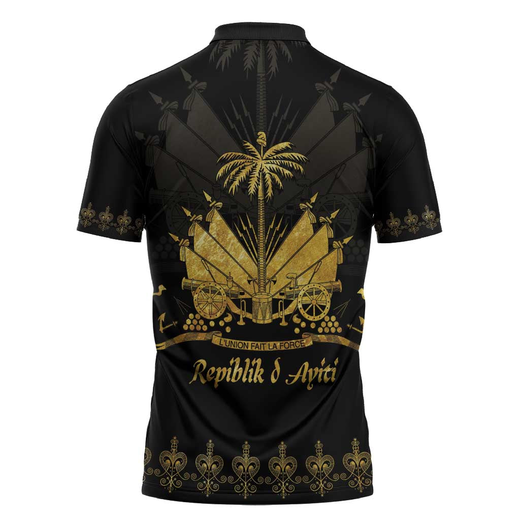 Ayiti 222nd Independence Day Anniversary Zipper Polo Shirt Haiti Gold VeVe Pattern - African Pride