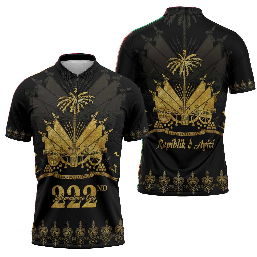Ayiti 222nd Independence Day Anniversary Zipper Polo Shirt Haiti Gold VeVe Pattern - African Pride