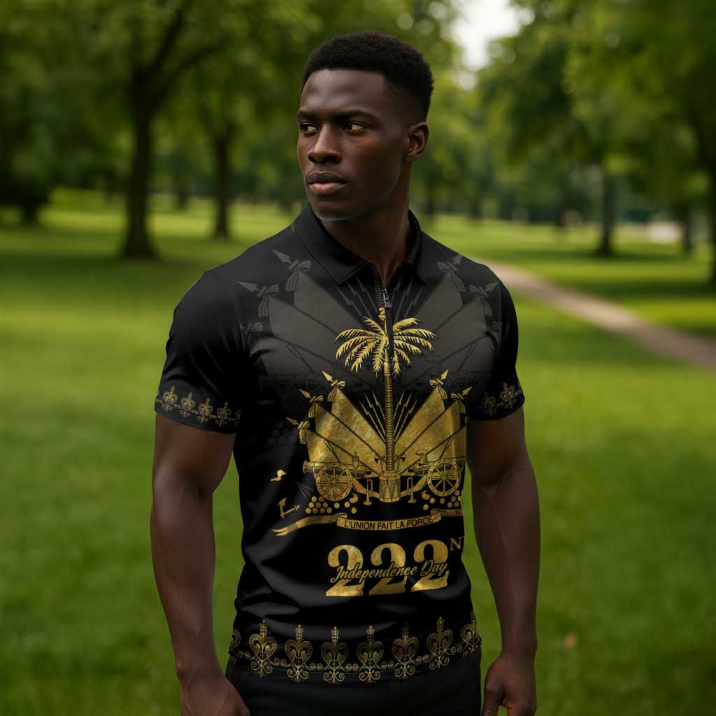 Ayiti 222nd Independence Day Anniversary Zipper Polo Shirt Haiti Gold VeVe Pattern - African Pride