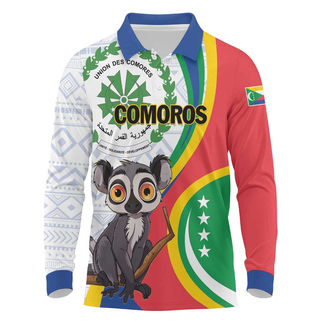 Comoros Long Sleeve Polo Shirt 1975 Komori Mongoose Lemur African Pattern