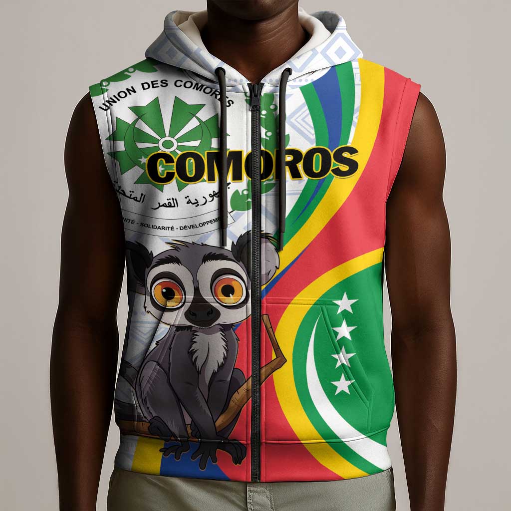 Comoros Sleeveless Zip Hoodie 1975 Komori Mongoose Lemur African Pattern - African Pride