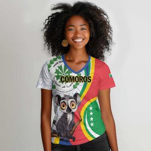 Comoros Women V-Neck T-Shirt 1975 Komori Mongoose Lemur African Pattern