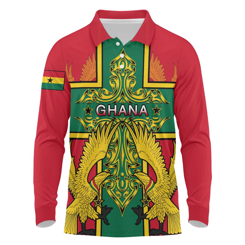 Custom Ghana Long Sleeve Polo Shirt with Cross of Saint George and Tawny Eagles