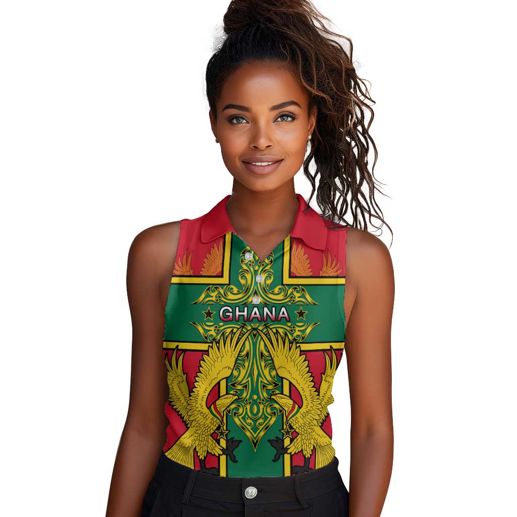 Custom Ghana Women Sleeveless Polo Shirt with Cross of Saint George and Tawny Eagles