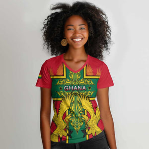 Custom Ghana Women V-Neck T-Shirt with Cross of Saint George and Tawny Eagles