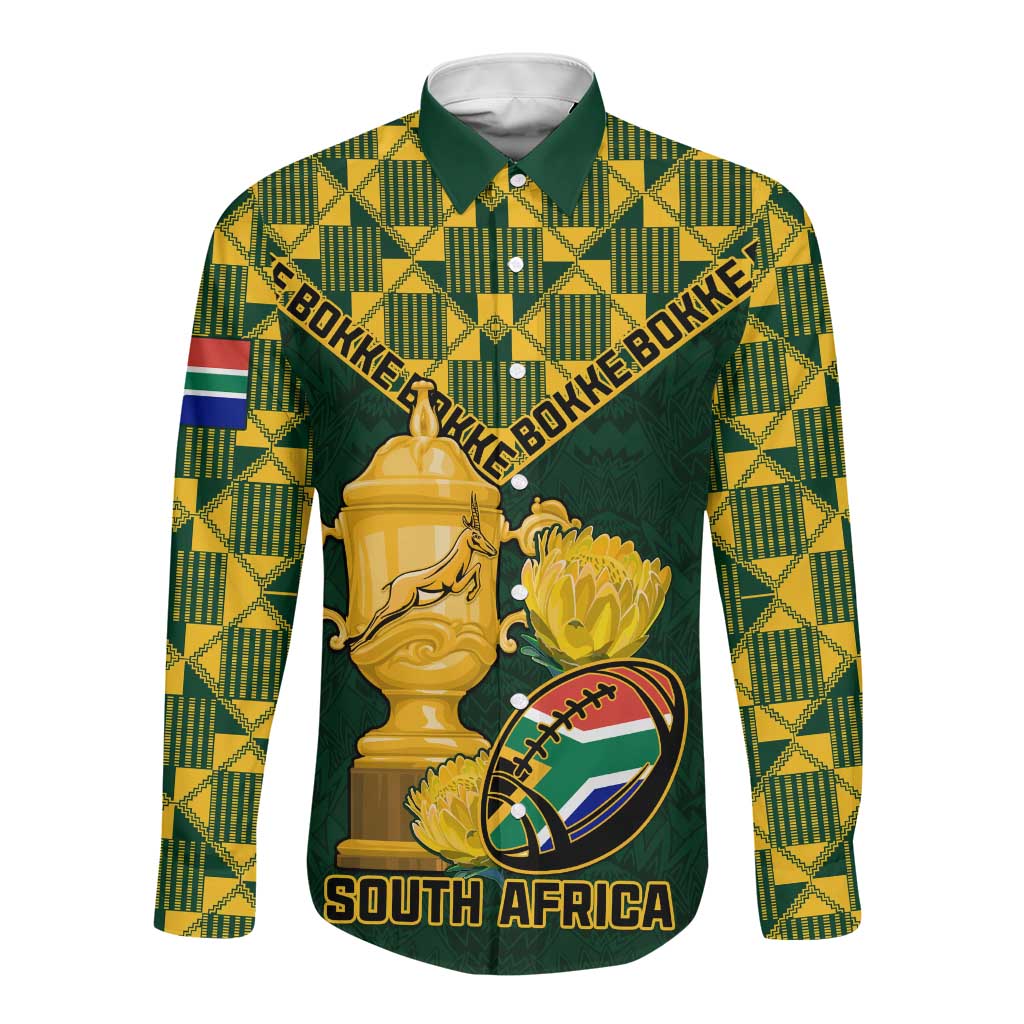 Custom South Africa Rugby Long Sleeve Button Shirt - Go Bokke Champion, World Cup