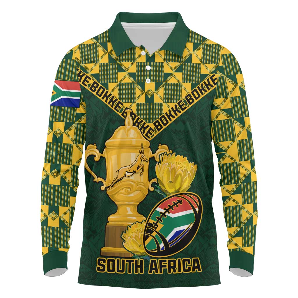 Custom South Africa Rugby Long Sleeve Polo Shirt - Go Bokke Champion, World Cup