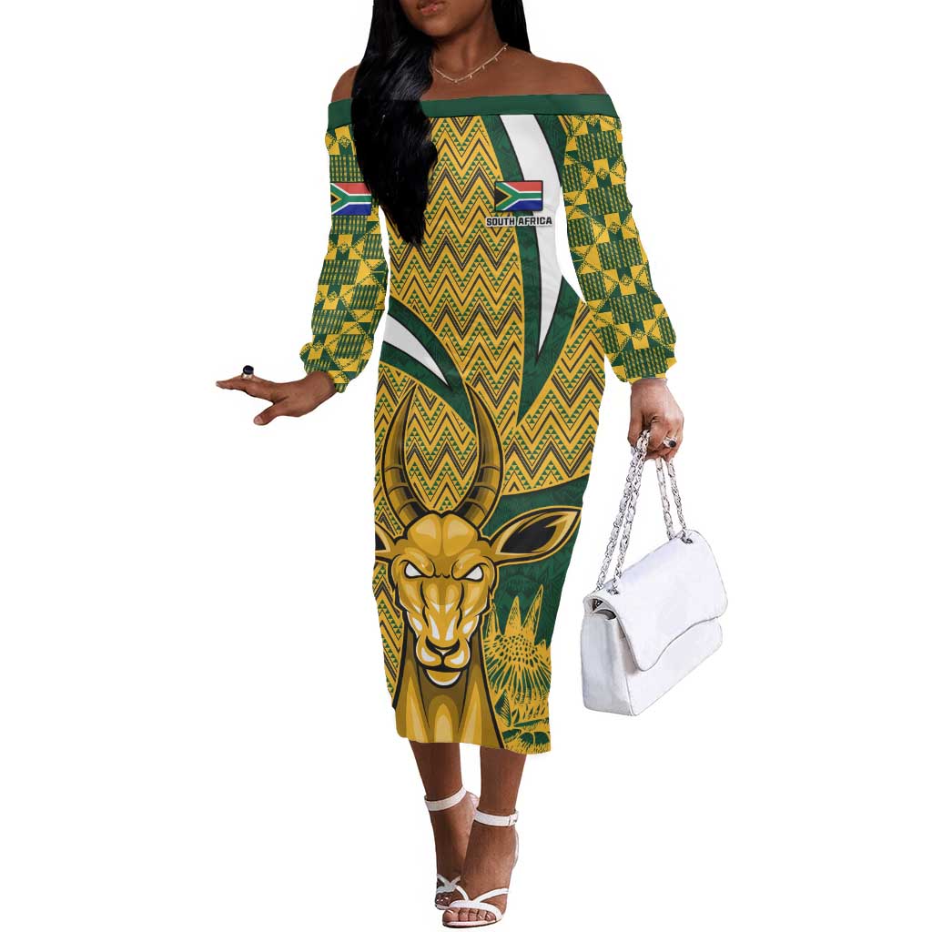 Custom South Africa Rugby Off The Shoulder Long Sleeve Dress - Go Bokke Champion, World Cup