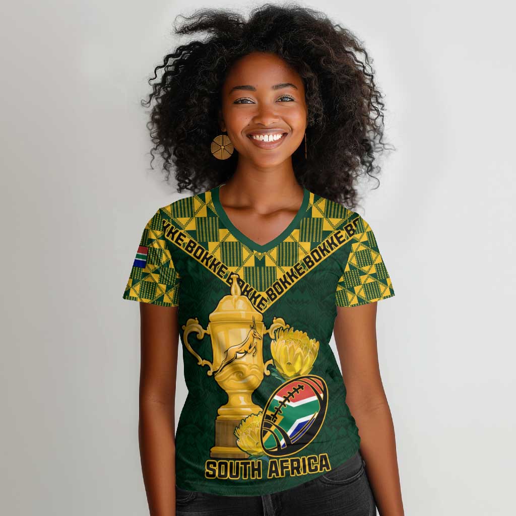 Custom South Africa Rugby Women V-Neck T-Shirt - Go Bokke Champion, World Cup