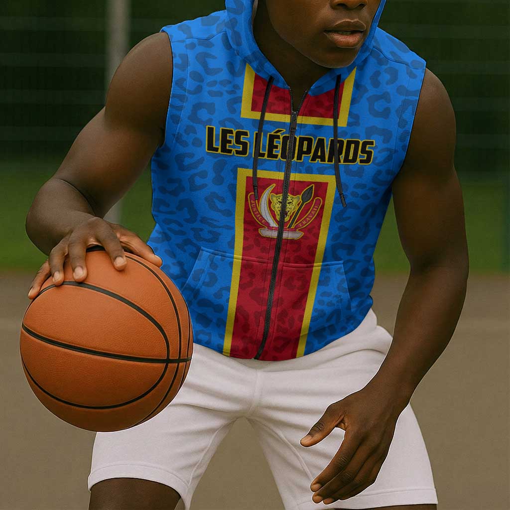 Support Les Leopards - DR Congo Football Sleeveless Zip Hoodie - African Pride