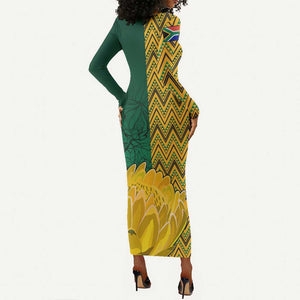 Personalized South Africa Long Sleeve Bodycon Dress with Springbok and Proteas African Pattern