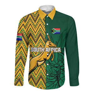 Personalized South Africa Long Sleeve Button Shirt with Springbok and Proteas African Pattern