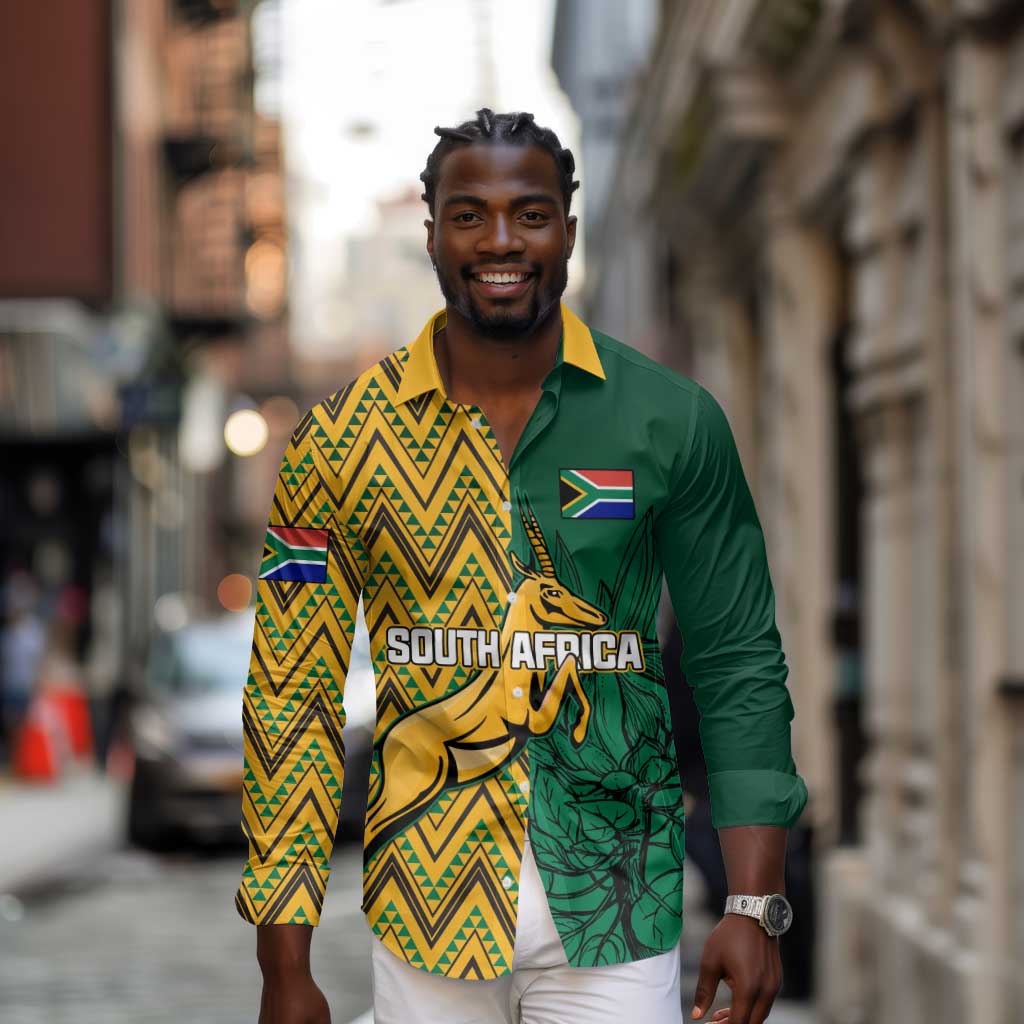 Personalized South Africa Long Sleeve Button Shirt with Springbok and Proteas African Pattern