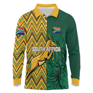 Personalized South Africa Long Sleeve Polo Shirt with Springbok and Proteas African Pattern