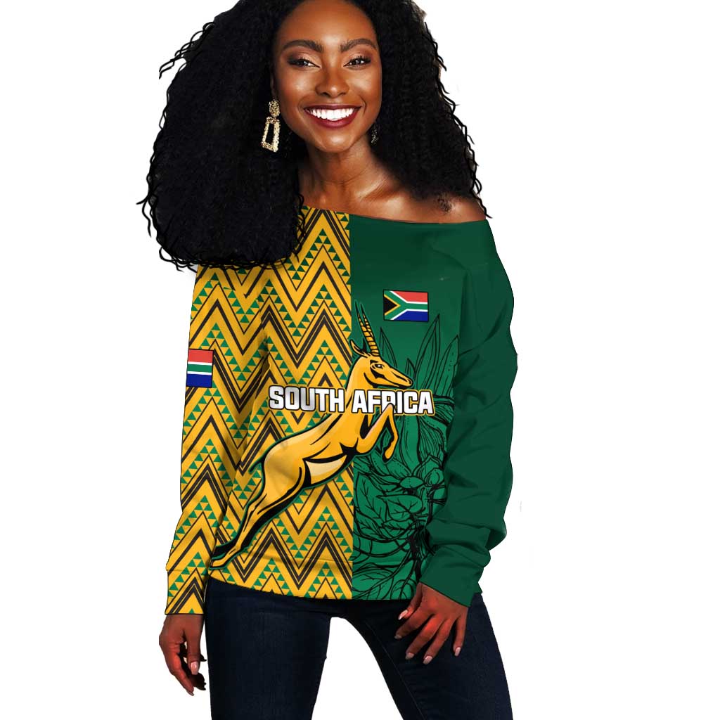 Personalized South Africa Off Shoulder Sweater with Springbok and Proteas African Pattern