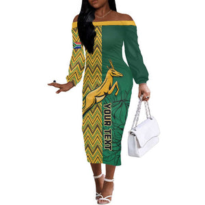 Personalized South Africa Off The Shoulder Long Sleeve Dress with Springbok and Proteas African Pattern