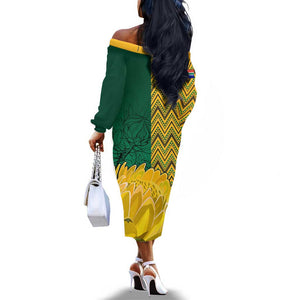 Personalized South Africa Off The Shoulder Long Sleeve Dress with Springbok and Proteas African Pattern