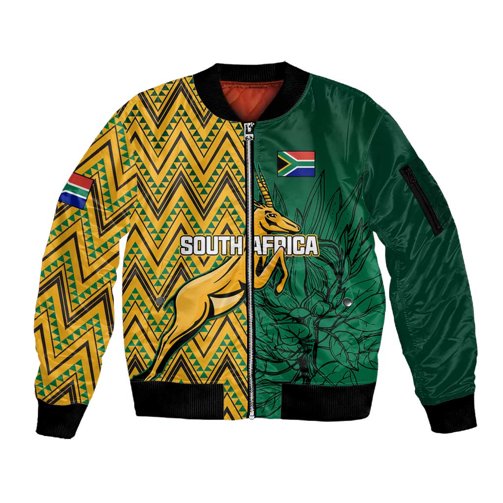 Personalized South Africa Sleeve Zip Bomber Jacket with Springbok and Proteas African Pattern