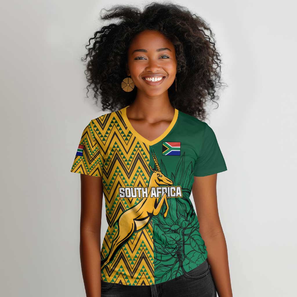 Personalized South Africa Women V-Neck T-Shirt with Springbok and Proteas African Pattern