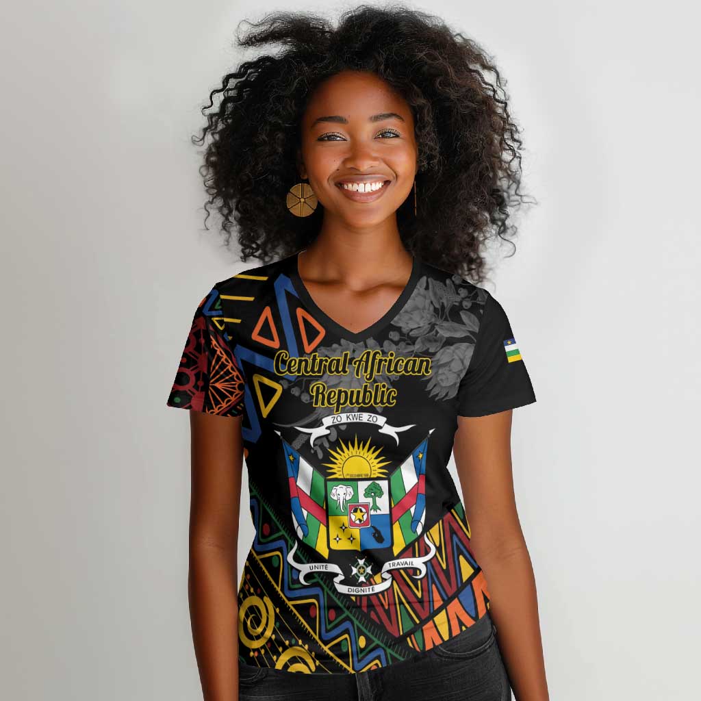 Personalized Central African Republic Women V-Neck T-Shirt Protea - African Pattern