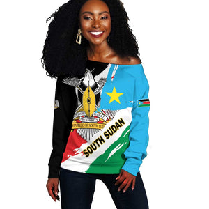 Personalized South Sudan Off Shoulder Sweater East Africa - Grunge Flag Unique