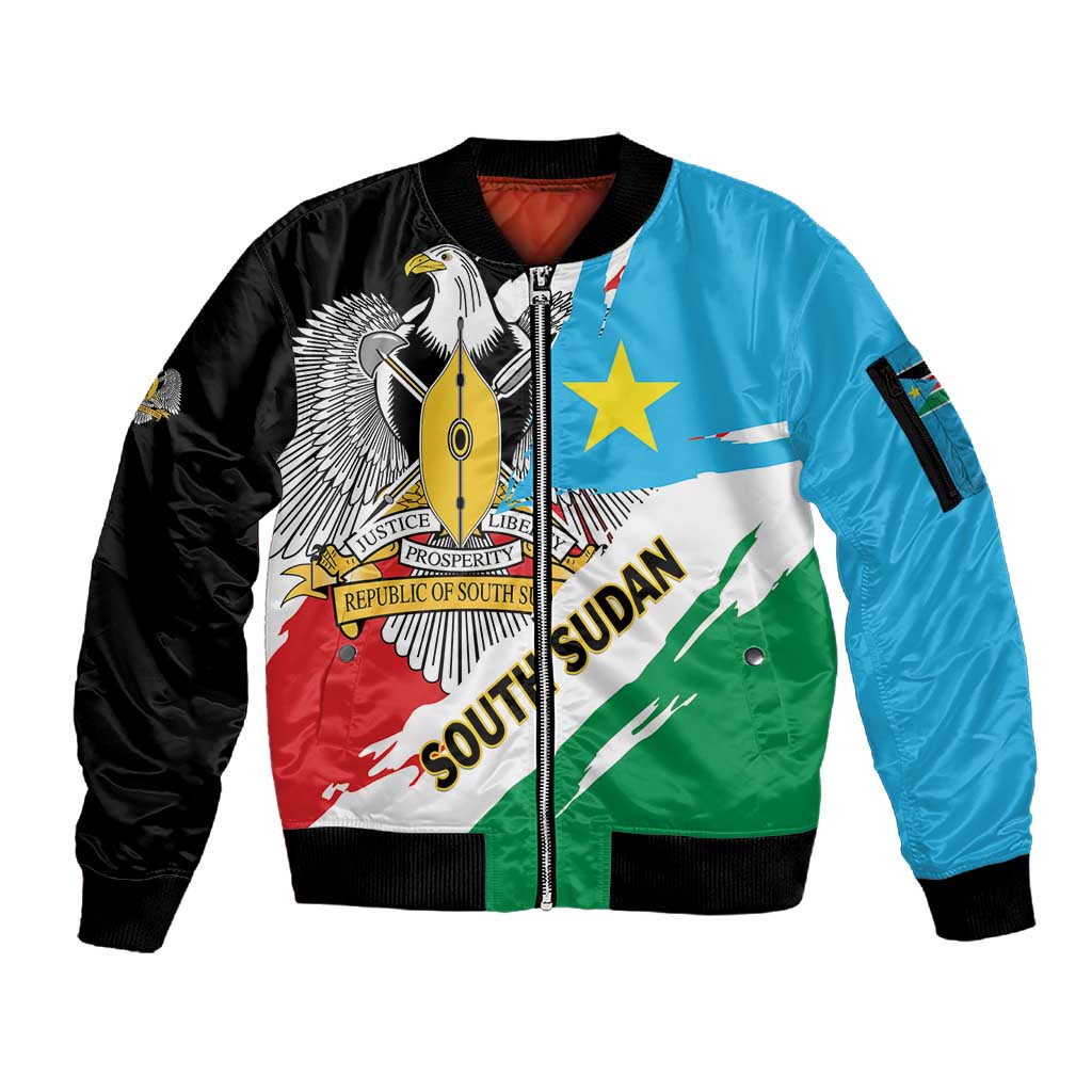 Personalized South Sudan Sleeve Zip Bomber Jacket East Africa - Grunge Flag Unique