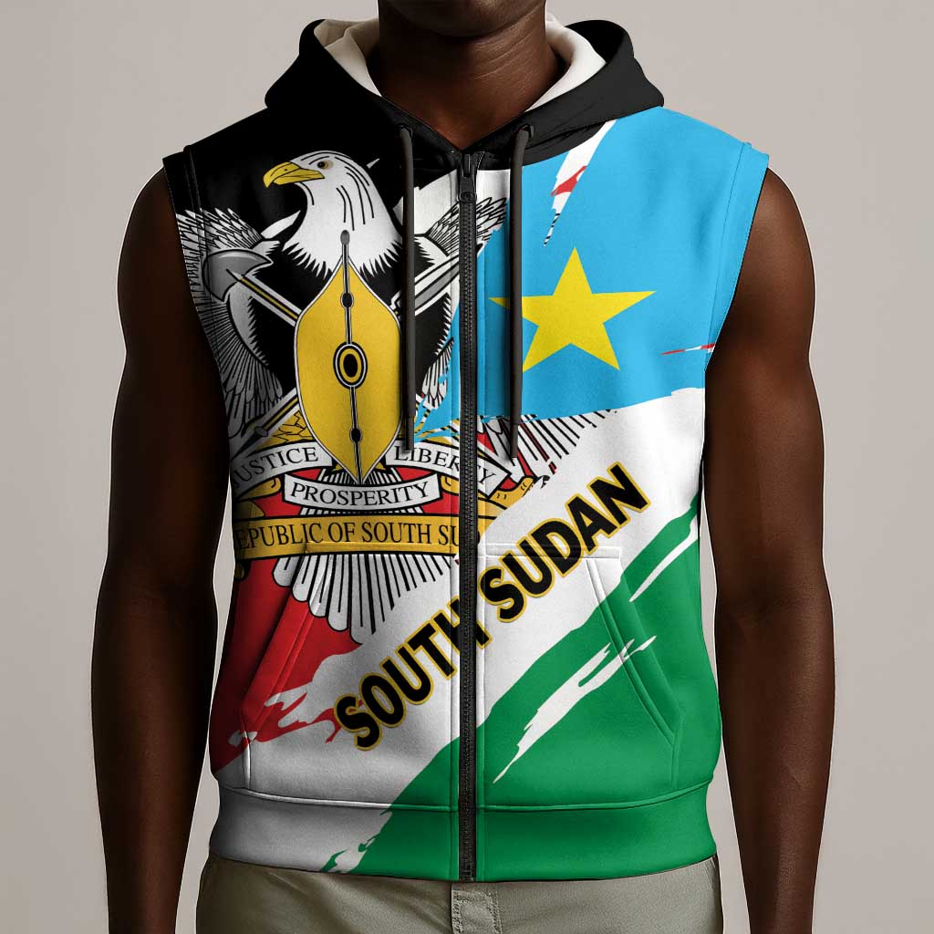 Personalized South Sudan Sleeveless Zip Hoodie East Africa - Grunge Flag Unique - African Pride