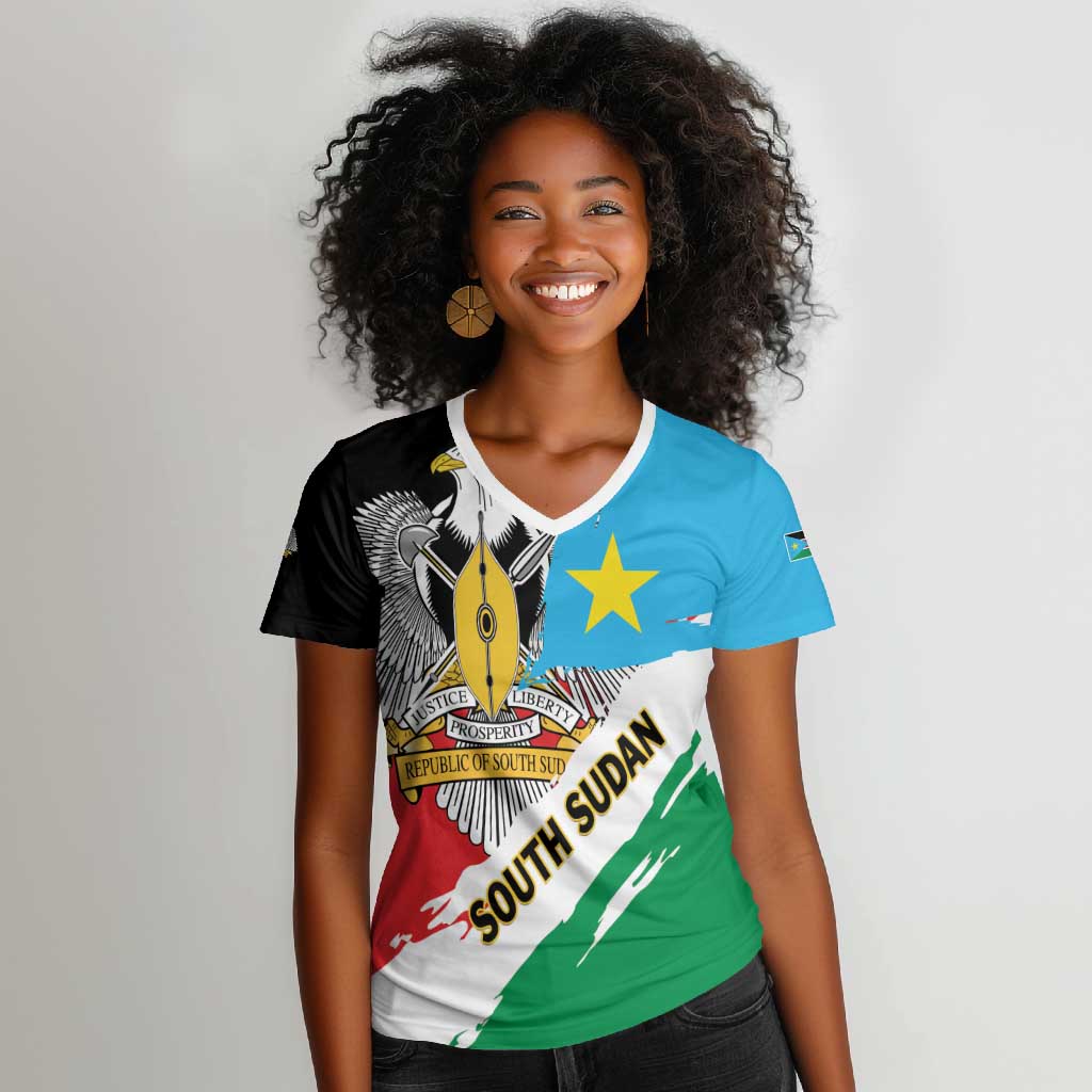 Personalized South Sudan Women V-Neck T-Shirt East Africa - Grunge Flag Unique