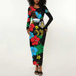 South Sudan Long Sleeve Bodycon Dress African Pattern Hibiscus Floral LT01