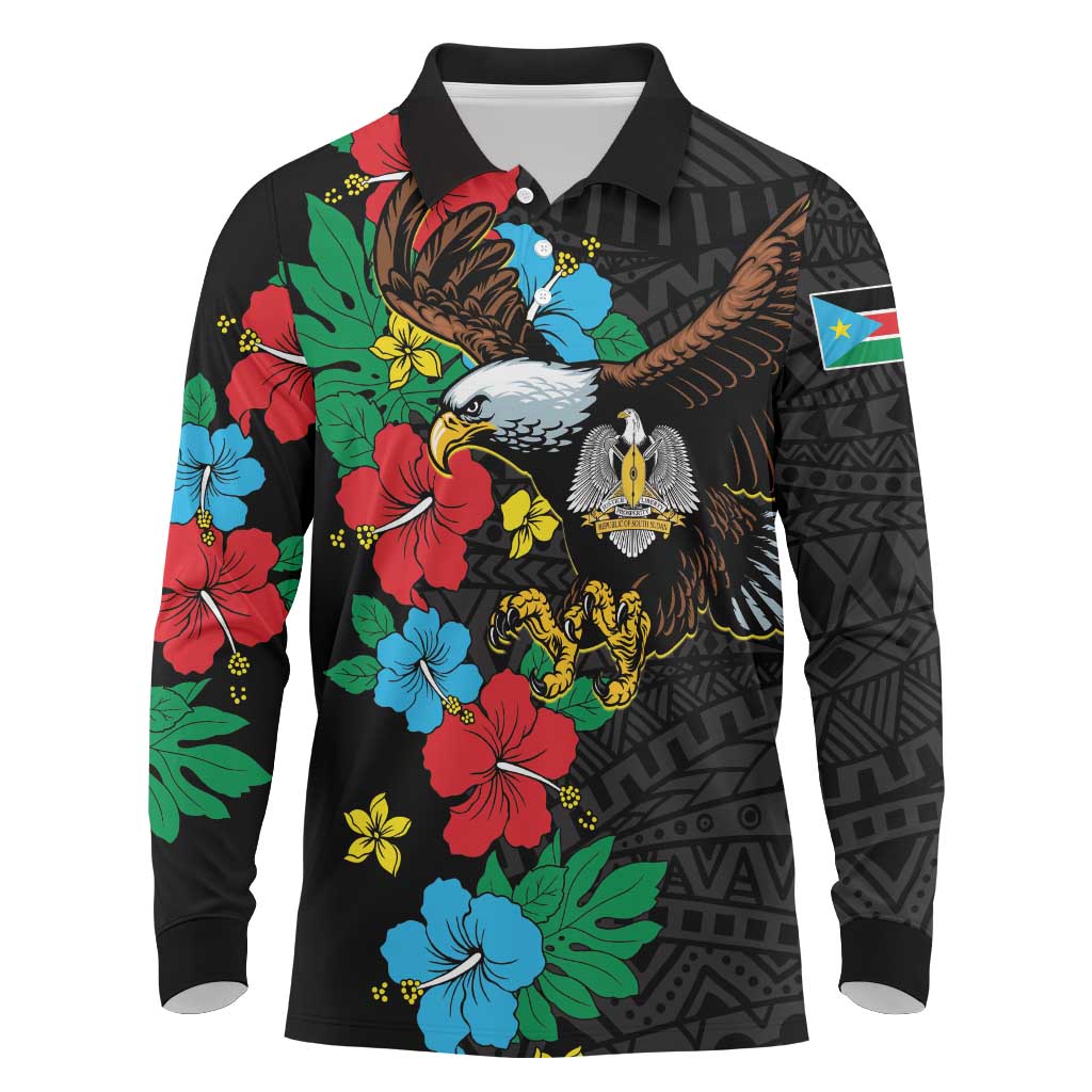 South Sudan Long Sleeve Polo Shirt African Pattern Hibiscus Floral