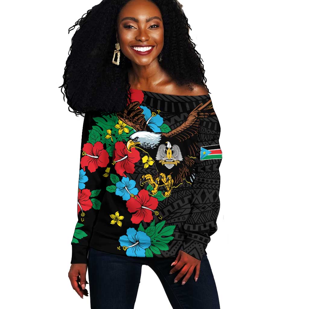 South Sudan Off Shoulder Sweater African Pattern Hibiscus Floral