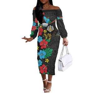 South Sudan Off The Shoulder Long Sleeve Dress African Pattern Hibiscus Floral