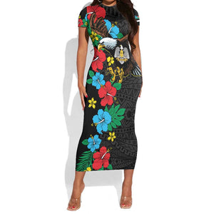 South Sudan Short Sleeve Bodycon Dress African Pattern Hibiscus Floral