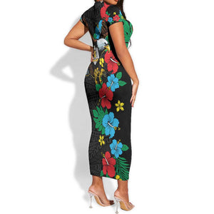 South Sudan Short Sleeve Bodycon Dress African Pattern Hibiscus Floral