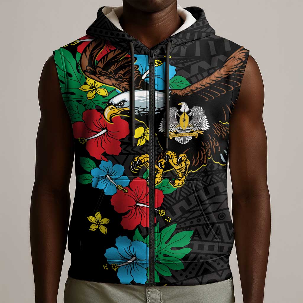 South Sudan Sleeveless Zip Hoodie African Pattern Hibiscus Floral - African Pride