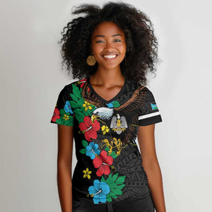 South Sudan Women V-Neck T-Shirt African Pattern Hibiscus Floral