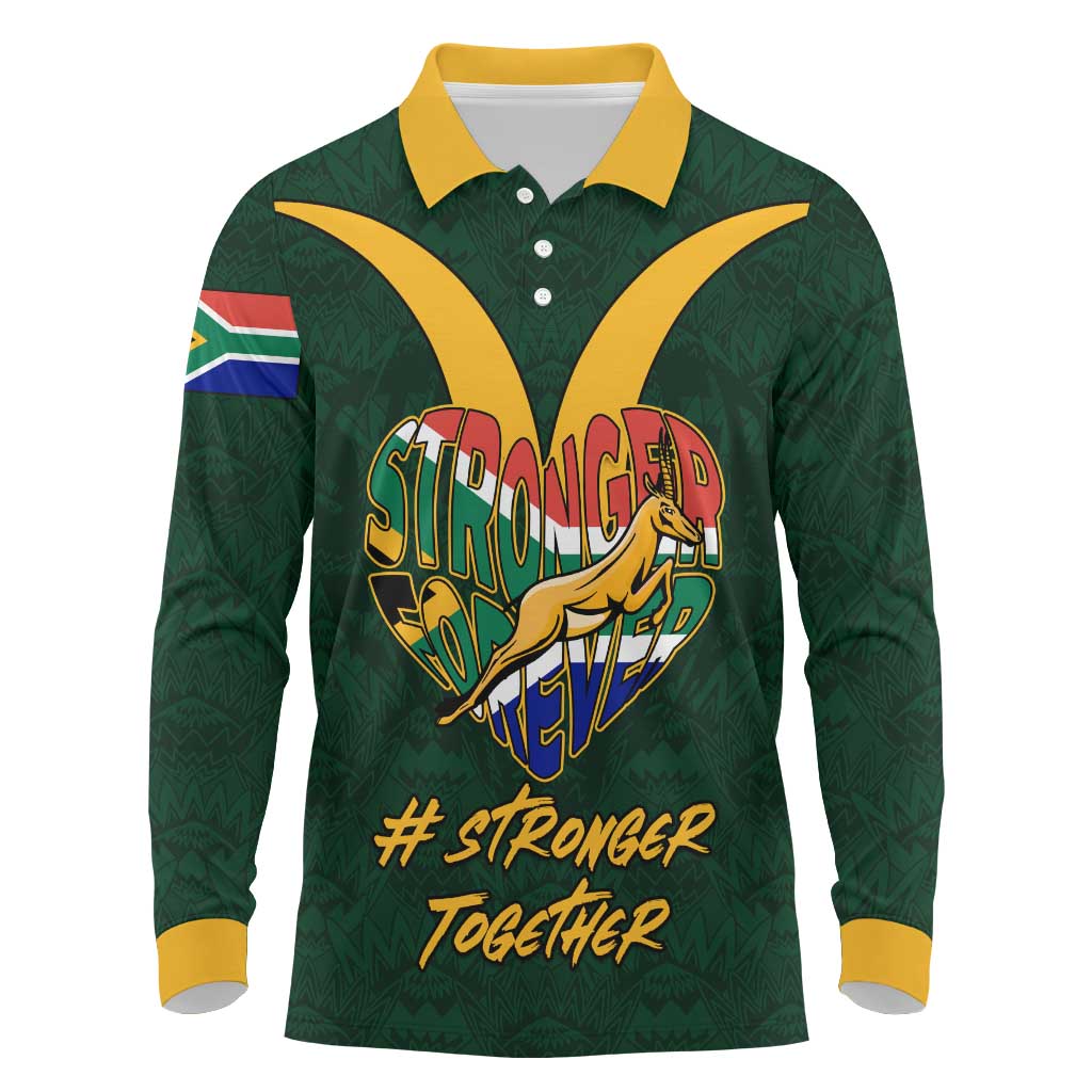 Custom South Africa Rugby Long Sleeve Polo Shirt - Stronger Together, Stronger Forever, Bokke World Cup