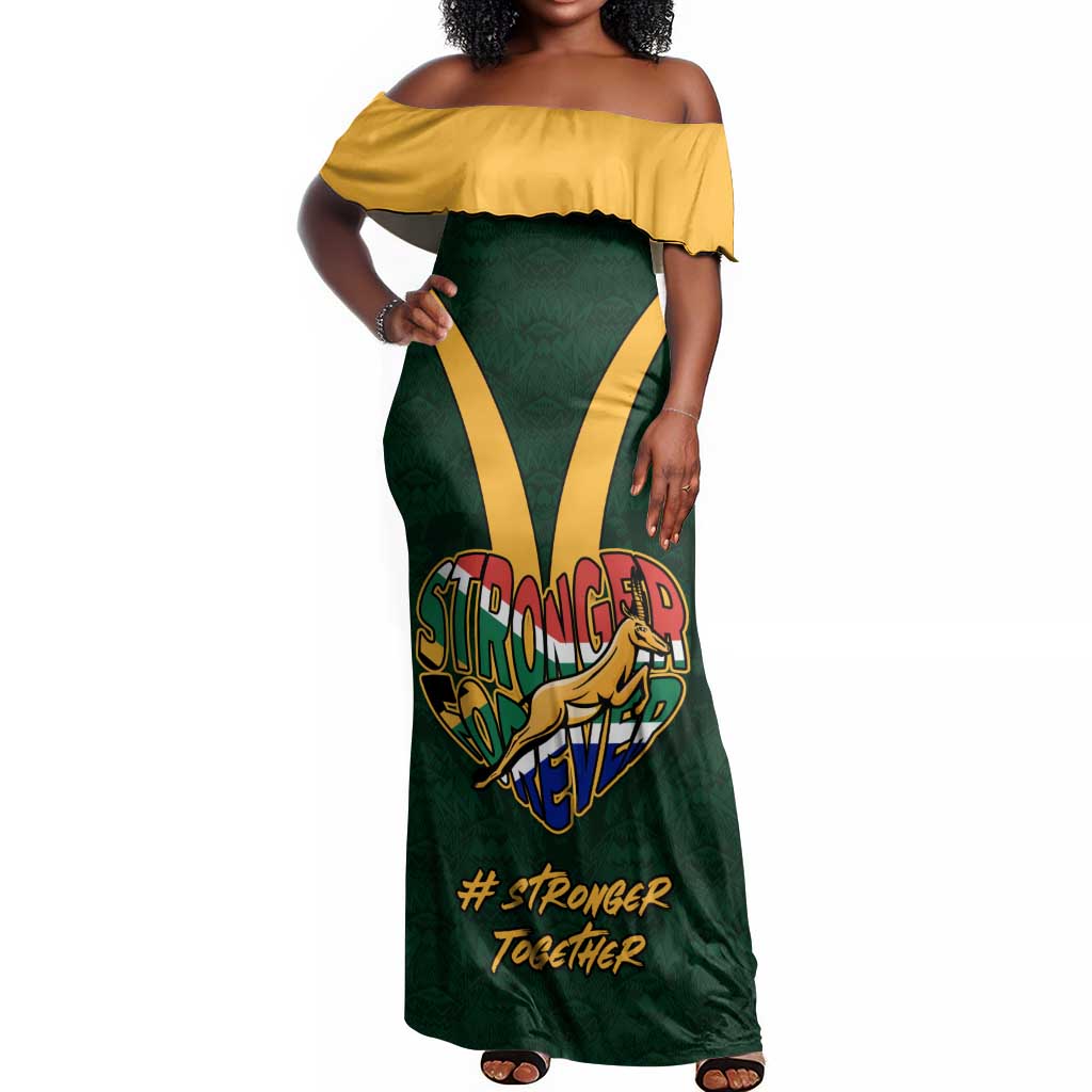 Custom South Africa Rugby Off Shoulder Maxi Dress - Stronger Together, Stronger Forever, Bokke World Cup