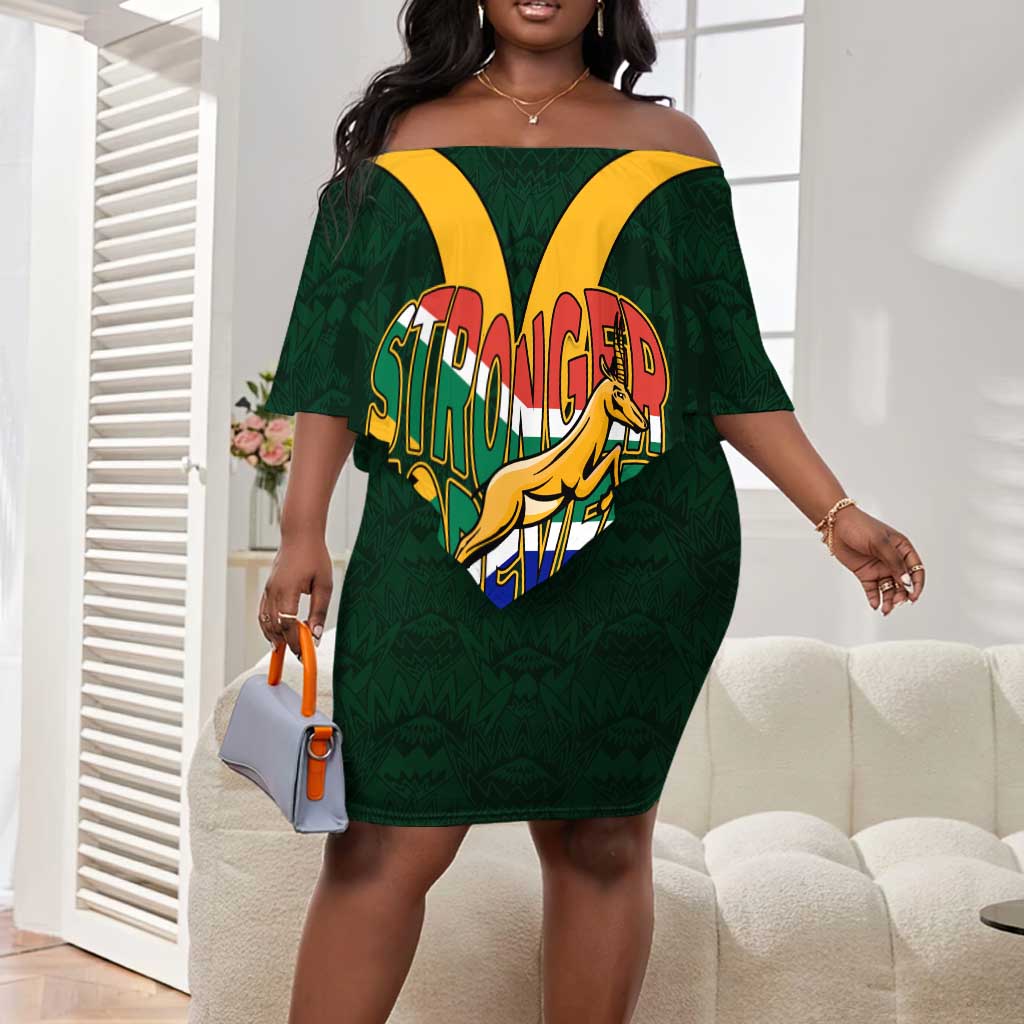 Custom South Africa Rugby Off Shoulder Short Dress - Stronger Together, Stronger Forever, Bokke World Cup LT01