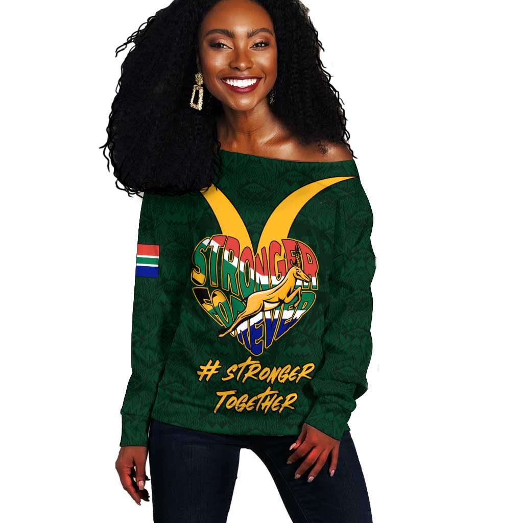 Custom South Africa Rugby Off Shoulder Sweater - Stronger Together, Stronger Forever, Bokke World Cup