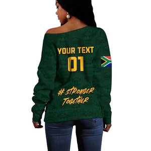 Custom South Africa Rugby Off Shoulder Sweater - Stronger Together, Stronger Forever, Bokke World Cup