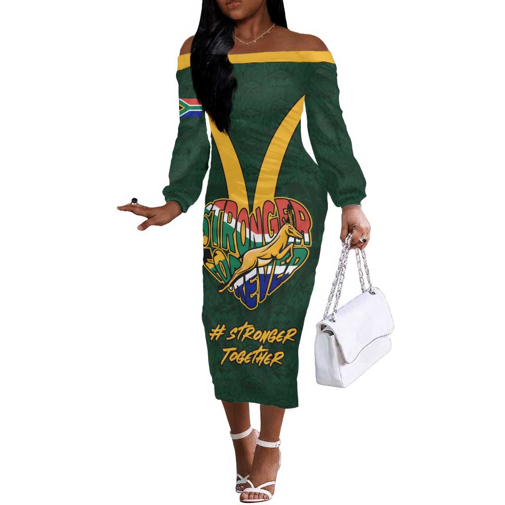 Custom South Africa Rugby Off The Shoulder Long Sleeve Dress - Stronger Together, Stronger Forever, Bokke World Cup