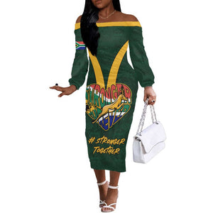 Custom South Africa Rugby Off The Shoulder Long Sleeve Dress - Stronger Together, Stronger Forever, Bokke World Cup