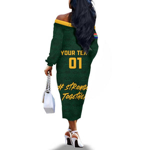 Custom South Africa Rugby Off The Shoulder Long Sleeve Dress - Stronger Together, Stronger Forever, Bokke World Cup