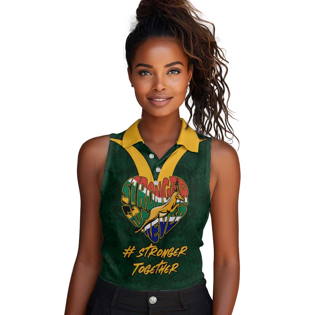 Custom South Africa Rugby Women Sleeveless Polo Shirt - Stronger Together, Stronger Forever, Bokke World Cup