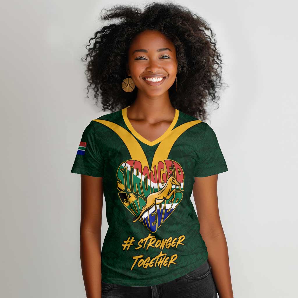 Custom South Africa Rugby Women V-Neck T-Shirt - Stronger Together, Stronger Forever, Bokke World Cup