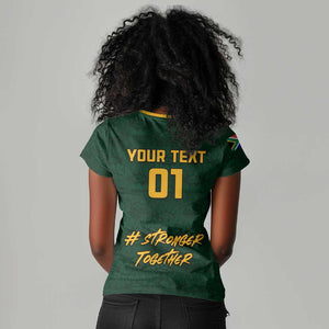 Custom South Africa Rugby Women V-Neck T-Shirt - Stronger Together, Stronger Forever, Bokke World Cup