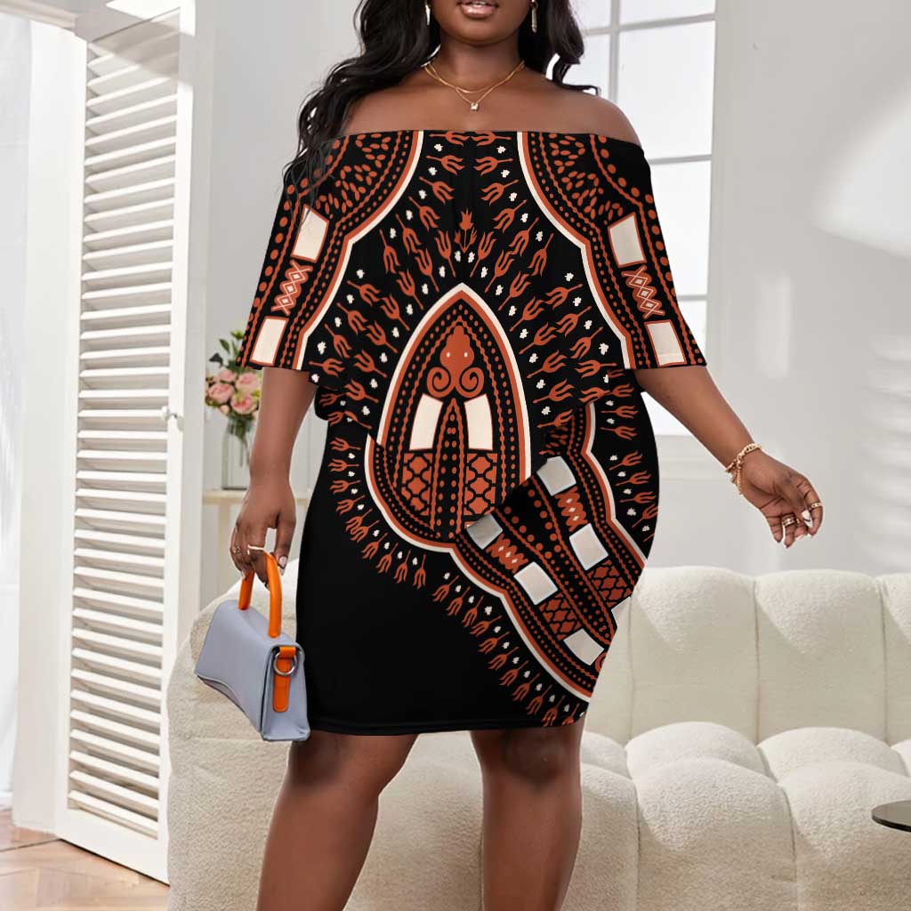 African Dashiki Off Shoulder Short Dress Afro Vintage Pattern